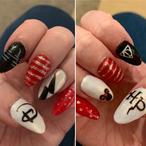 Harry Potter and Disney nails 😍💅🏻 #acrylicnails #orlandonails #harrypotter #disney Disney Harry Potter Nails, Universal Studios Nail Art, Disney And Harry Potter Nails, Disney Universal Nails, Universal Nail Designs, Disney And Universal Nails, Vaycay Nails, Universal Studios Nails, Skincare Techniques