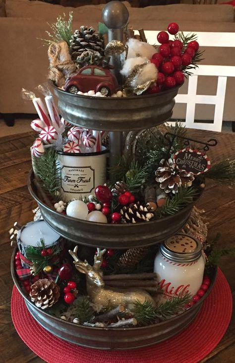 This is neat, and you can put all your extra decorations that don’t have a “home” on this Three Tiered Tray, Natal Country, Christmas Centerpiece Ideas, Christmas Centerpieces Diy, Christmas Centerpiece, Centerpiece Ideas, Christmas Decorations Rustic, Farmhouse Christmas Decor, Noel Christmas