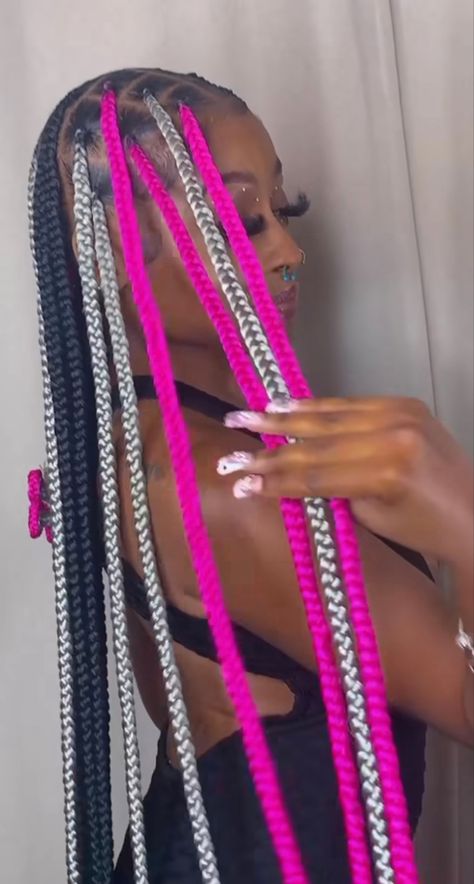 Black And Rainbow Braids, Pink Black And Blonde Box Braids, Pink And Grey Braids, Knotless Color Combo, Black Protective Hairstyles Braids, Colorful Braids For Black Women, Braiding Designs, Box Braids With Color, Braids With Color