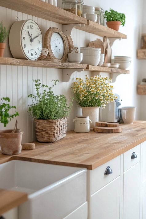 Kitchen Backsplash With Butcher Block, Backsplash With Butcher Block Countertop, Backsplash With Butcher Block, Wainscoting Kitchen, Block Countertops, Wood Countertops Kitchen, Butcher Block Countertop, Kitchen Shelving, Butcher Block Kitchen