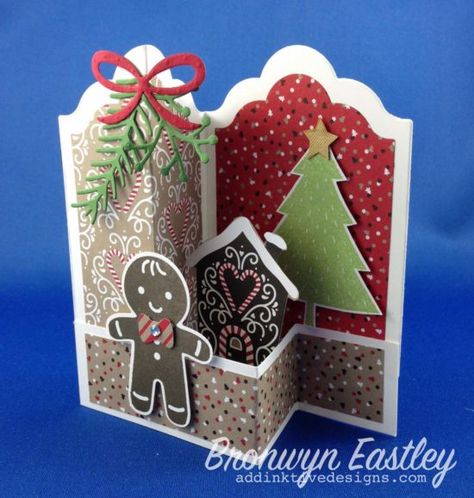 Fancy Fold Christmas Cards Handmade, Christmas Cards Ideas, Gingerbread Cards, Box Cards Tutorial, Fancy Fold Card Tutorials, Card Folds, Fun Folds, Homemade Christmas Cards, Shaped Cards