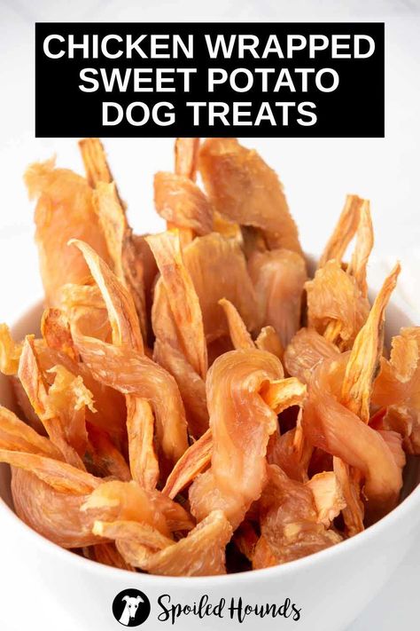 Sweet Potato Treats For Dogs, Dog Chews Homemade, Chicken Dog Treats Recipes, Sweet Potato Wrap, Bacon Dog Treats, Sweet Potato Dog, Sweet Potato Benefits, Chicken Dog Treats, Dehydrated Chicken