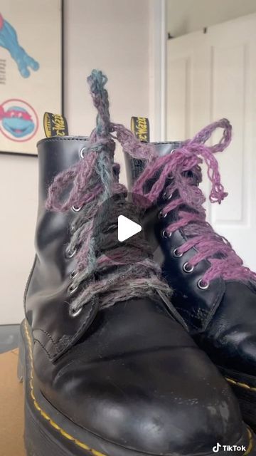 Carrie| Fashion & Crochet on Instagram: "Obsessed with these #crochetshoelaces for my docs 💕 brb, just making a matching jumper 😭 . . . . . . #quickcrochetproject #crochet #crochetinspo #crochetwips #crochetinspiration #crocheted #crochetersofinstagram #docmartens #smallcrochetbusiness" Doc Martin, Quick Crochet Projects, Crochet Business, Ankle Cuffs, Doc Martens, Carry On, Shoe Laces, Runway Fashion, Jumper