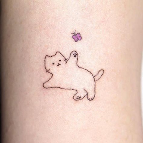 Cat and butterfly 1975 Tattoos, Lil Tattoos, Kawaii Tattoos, Cute Tats, Cat Tat, Kawaii Tattoo, Cute Little Tattoos, Cute Tiny Tattoos, Poke Tattoo