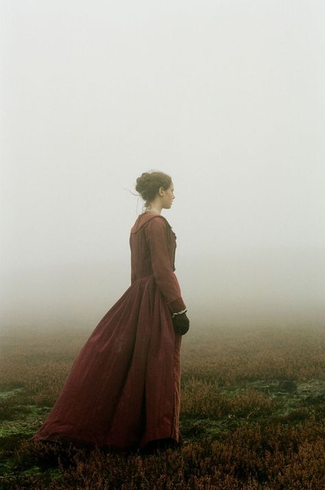 Catherine on the foggy Yorkshire moors in "Wuthering Heights" 2011 film. Wuthering Heights, A Woman, Red