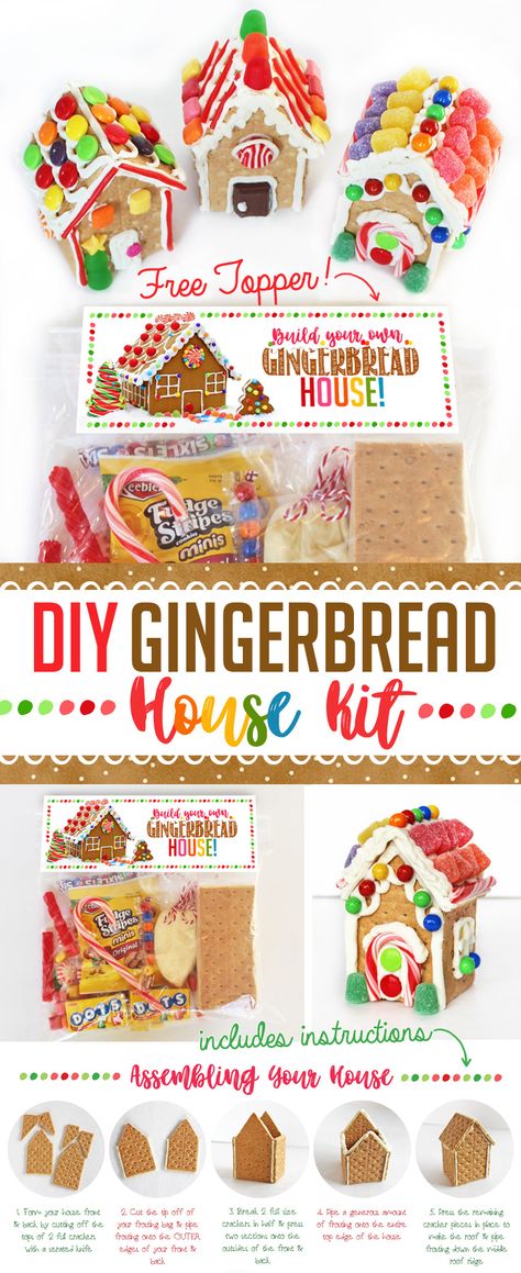 DIY Gingerbread House Kit! Includes decorations, gingerbread house ideas and a free printable topper! Each kit makes to graham cracker gingerbread houses. Host a party or give them out to friends & family! #gingerbread #house #kit #ideas #decorations #party Graham Cracker Gingerbread, Diy Gingerbread House, Printable Topper, Graham Cracker Gingerbread House, Easy Gingerbread House, Gingerbread House Kit, Diy Christmas Crackers, Gingerbread House Ideas, Ginger Bread House Diy