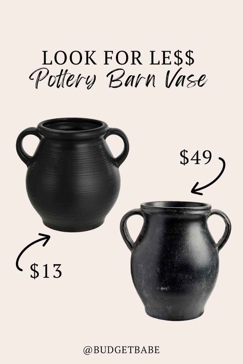 Black Jars Decor, Large Black Vases Decor Ideas, Black Pottery Vase, Black Accents In Home, Black Vase Decorating Ideas, Black Vase Decor, Pottery Barn Vase, Black Accent Pieces, Pottery Barn Black