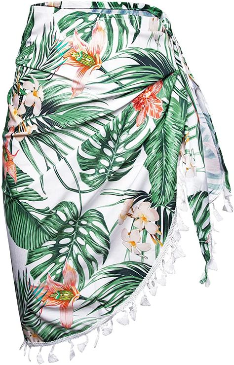 CUPSHE Women's Sarongs Wrap Skirt Tropical Print Tassel Tie Side Beach Cover Up, L Green at Amazon Women’s Clothing store Tropical Wrap Skirt, Swimsuit Wrap Skirt, Short Swimsuit, Tropical Skirt, Beachwear Brands, Swimsuit Wrap, Skirt Beach, Sarong Wrap, Pool Birthday