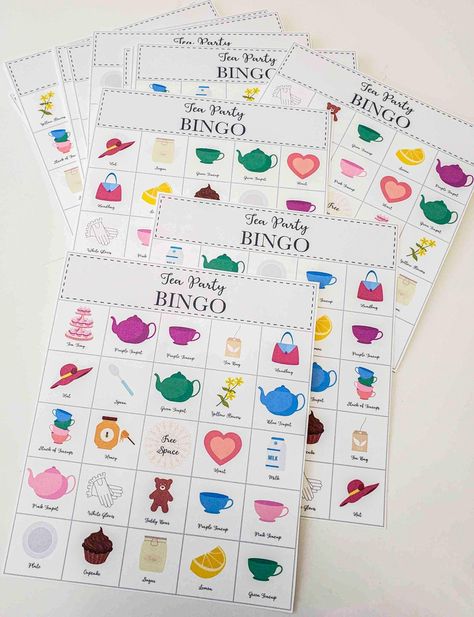 Tea Party Bingo - Free Printout - Bluejean Corner Tea Party Bingo, Games With Family, Tea Party Activities, Tea Party Crafts, Bag Of Candy, Tea Party Games, Tea Time Party, Dance Crafts, London Tea