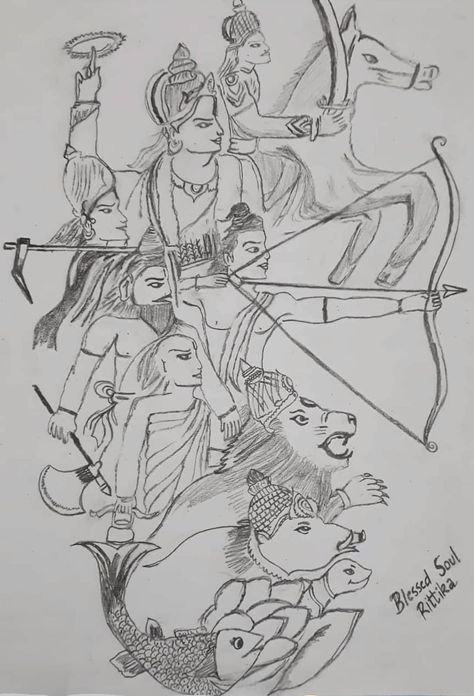 Ten Avatars of Lord Vishnu😇 Lord Vishnu 10 Avatar Drawing, Vishnu 10 Avatars Drawing, 10 Avatars Of Vishnu Drawing, Varaha Avatar Drawing, Lord Vishnu Sketch, Lord Vishnu Drawing, Vishnu Drawing, Wall Magazine, God Drawing