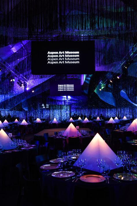 Aspen Art Museum gala #galaideas #galas Futuristic Gala Dinner, Outdoor Gala Event, Gala Night Theme, Gala Graphic Design, Gala Dinner Decor, Gala Themes Ideas Events, Futuristic Gala, Gala Dinner Decoration, Non Floral Centerpieces