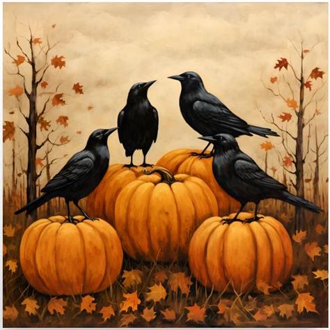 Celebrate the spooky season with this captivating Fall Halloween Crows and Pumpkins Art Poster. This beautifully detailed artwork captures the essence of Halloween, featuring crows perched among pumpkins, in a rustic autumn setting. Perfect for adding a touch of seasonal charm to your home, this poster is ideal for Halloween enthusiasts and anyone who loves the magic of fall. Museum-quality posters made on thick matte paper. Add a wonderful accent to your room and office with these posters that Crow On A Pumpkin, Halloween Crows, Pumpkins Art, Spooky Halloween Pictures, Spooky Autumn, Animal Paintings Acrylic, Photo Halloween, Rustic Autumn, Detailed Artwork