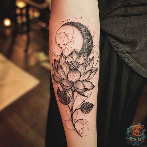 Mystical Moon and Lotus Tattoos: Unveiling the Symbolism and Beauty: 93 Designs - inktat2.com Lotus Flower Tattoo Thigh Hip, Lotus Flower Tattoo Forearm, Unique Tattoo Designs Sleeve, Moon And Lotus Tattoo, Moon And Flower Tattoo, Lotus Flower Tattoo Wrist, Moon Flower Tattoo, Thigh Tattoo Ideas, Lotus Tattoos