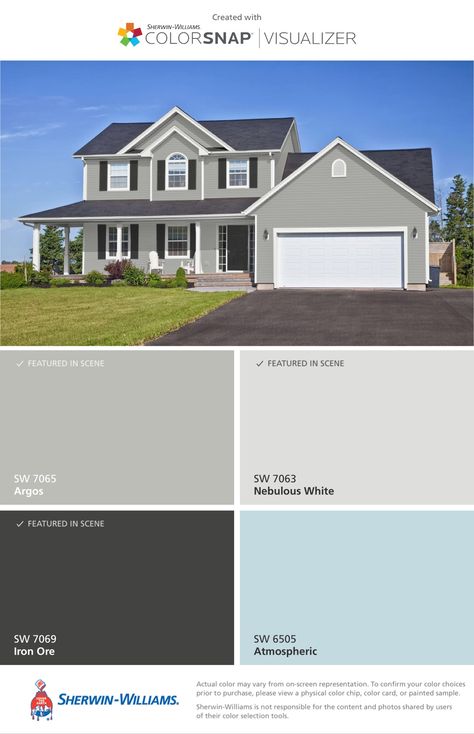 Exterior Color Palette: Argos - Main Color, Nebulous White - Trim, Iron Ore - Door & Shutters, Atmospheric - Ceiling of porch Gray Brown Paint Color, Gray Brown Paint, Sherwin Williams Argos, Brown Grey Paint, Brown Paint Colors, Gray House Exterior, Exterior Color Palette, Farmhouse Paint Colors, House Color Palettes