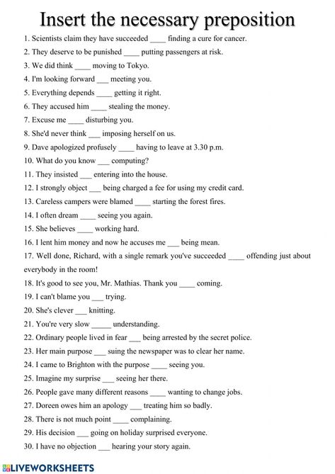 Gerunds Worksheet, Preposition Worksheet, Preposition Worksheets, Punctuation Worksheets, English Prepositions, The Worksheet, English Test, Advanced English, Esl Lessons