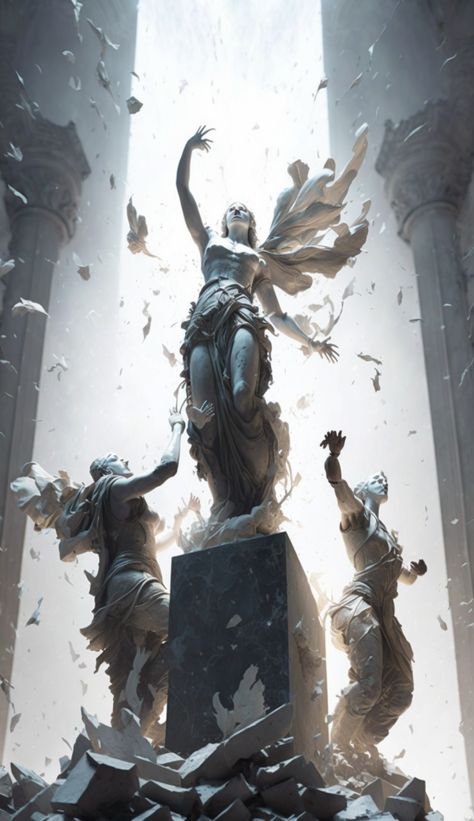 Huge Statue Concept Art, Statue Aesthetic, Clay Statue, Fantasy Statue, Valkyrie Apocalypse, Use Headphones, Ancient Greek Sculpture, Greek Mythology Tattoos, Greek Statues