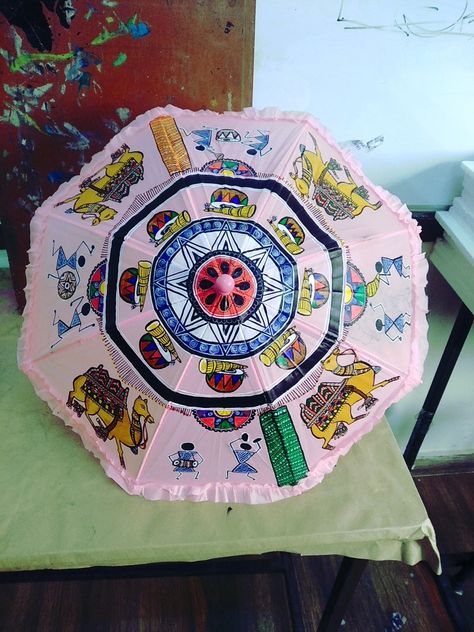 #umbrella work # acrylic colors # folk art theme Painting On Umbrella Acrylic, Umbrella Painting Ideas, Puppy Crafts, Umbrella Painting, Umbrella Decorations, Basic Drawing, Art Theme, Incredible India, Acrylic Colors