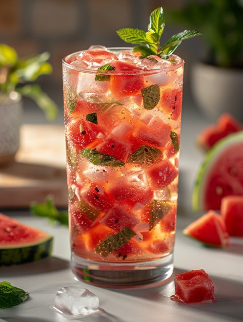 Watermelon Cubes, Iced Tea Recipe, Watermelon Mint, Watermelon Ice, Iced Tea Recipes, Mint Sprig, Fresh Watermelon, Watermelon Juice, Mint Tea