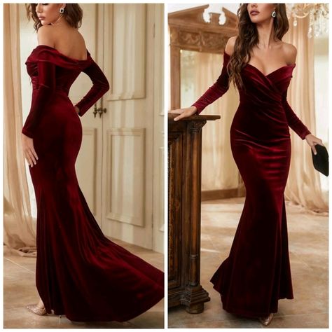 New Luxe Velvet Wrap Off Shoulder Formal Maxi Dress * Long Sleeve * Wrap Ruched V Neck * Off Shoulder * Zip Back * Fitted Stretch Skirt * Mermaid Flare Hem *Approximate Unstretched Measurements* Xs (2) * Bust 30.75"(Up To 34") * Waist 25.25"(Up To 26") * Length 55.5" Small (4) * Bust 31.5"(Up To 35.25") * Waist 26"(Up To 27.5") * Length 55.5" Medium (6) * Bust 33"(Up To 37") * Waist 27.5"(Up To 29") * Length 55.5" Large (8/10) * Bust 35.25"(Up To 39.25") * Waist 30"(Up To 31.5") * Length 55.5" X