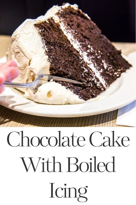 Chocolate cake with boiled icing is a decadent delight that combines the rich, velvety flavors of cocoa with a light, fluffy frosting that adds a touch of elegance. This classic dessert features layers of moist chocolate cake, perfectly complemented by a glossy, airy icing made by whipping egg whites with a simple sugar syrup. Chocolate Cake With Boiled Icing, Moist Fluffy Chocolate Cake, Airy Chocolate Cake, Boiled Frosting Recipe, Light Fluffy Frosting, Boiled Icing Recipe, Bourbon Cake Recipe, Boiled Icing, Fluffy Chocolate Cake