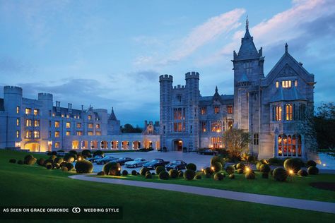 Nighttime photo of destination wedding location Adare Manor in Limerick, Ireland Castle Hotels In Ireland, Adare Manor, Ireland Culture, Limerick Ireland, Ashford Castle, Irish Castles, Irish Countryside, Ireland Landscape, Ireland Vacation