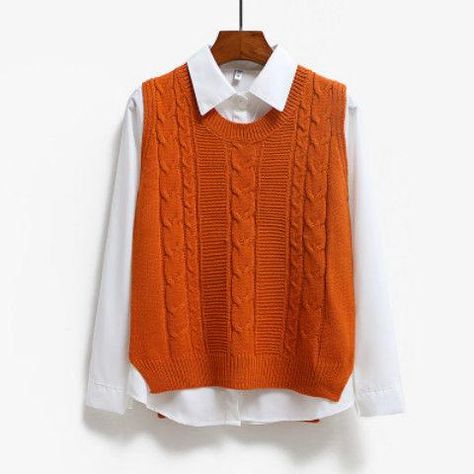 Casual Cable Knit V-Neck Oversized Vest Ultamodan Womens Casual Cable Knit V-Neck Oversized Vest - BROWN - XL Cable Knitwear, Ärmelloser Pullover, Chaleco Casual, Oversized Vest, Knitwear Sweater, Sweater Vest Women, Orange Sweaters, Round Neck Sweaters, Knitting Women