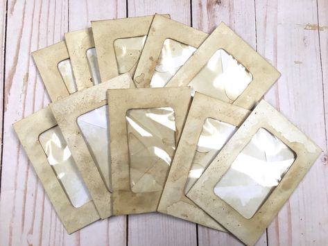 10 small coffee dyed stained paper envelopes with plastic window 4.5" x 3 " grubby vintage look junk journal ephemera journaling supplies Window Envelopes, Stained Paper, Journaling Supplies, Paper Pocket, Plastic Window, Junk Journal Ephemera, Small Envelopes, Plastic Windows, Junk Mail