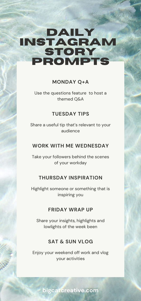 Daily Instagram Story Prompts - a content idea for each day of the week. Personal Instagram Post Ideas, Daily Insta Story Ideas, Daily Instagram Story Ideas, Faceless Branding, Instagram Checklist, Small Business Essentials, Thursday Inspiration, Free Business Resources, Posting On Instagram