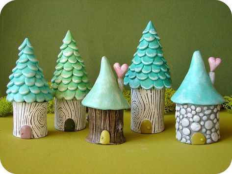 garden gnome village - full of textures and sweet colors.  Make them flat for fabric embellishments.. Fairy Garden Ideas, Clay Fairy House, Polymer Clay Fairy, Clay Fairies, Clay Houses, Wooden Houses, Tree Houses, Diy Fairy, Fairy Garden Diy