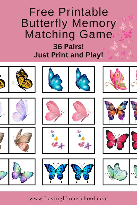 Match butterfly pictures with this Free Printable Butterfly Memory Matching Game! Perfect for elementary, preschool and even toddler ages! 36 pairs! Butterfly Art Activities For Preschool, Butterfly Dramatic Play Preschool, Butterfly Projects For Preschool, Butterfly Toddler Activities, Butterfly Activities For Kindergarten, Butterfly Activities For Toddlers, Butterfly Preschool Activities, Butterfly Activities For Preschool, Preschool Butterfly Activities