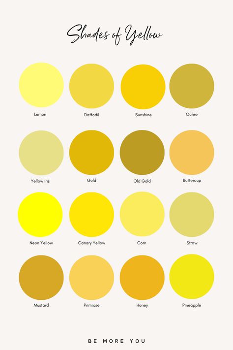 Different Shades Of Yellow Colour, Yellow Color Psychology, Yellow Pallette Colour, Bright Yellow Colour Palette, Yellow Colour Palette Shades, Yellow Shades Colour Palettes, Shades Of Yellow Color Palette, Shades Of Yellow Paint, Colour Palette Yellow