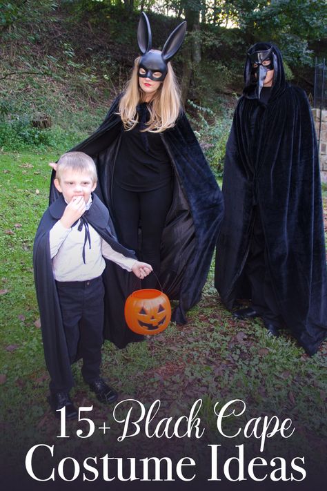 easy last minute diy warm halloween costume black cape ideas men women boys girls family Black Cape Halloween Costumes, Halloween Costumes With Capes For Women, Characters With Capes, Costume With Cape For Women, Cloak Halloween Costumes, Black Cloak Costume Ideas, Halloween Cape Costumes, Easy Black Costume Ideas, Black Cape Costume Ideas Women