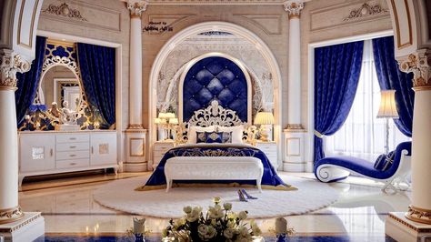 بيوت ملكية, Reka Bentuk Bilik Tidur, Mansion Bedroom, Blue And White Decor, Royal Bedroom, Luxury Mansions Interior, Luxury Bedroom Design, Luxury Bedroom Master, Luxurious Bedroom