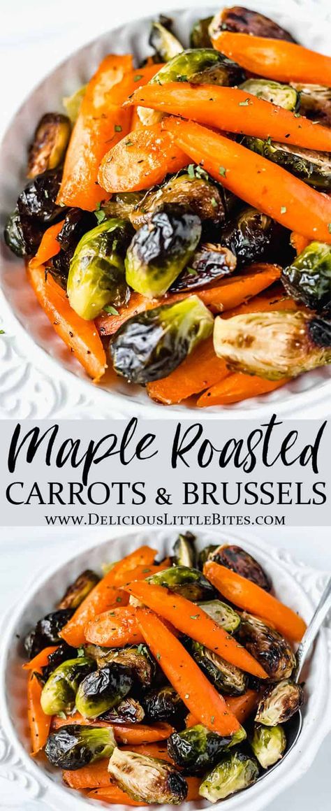 This recipe for a sweet and savory vegetable medley uses Brussels sprouts, carrots, maple syrup and a couple basic seasonings to create a flavorful side dish. Maple Roasted Brussels Sprouts and Carrots are easy to prepare, deliciously sweet and savory flavored, and a healthy complimentary side dish to serve alongside a variety of main courses. | #carrots #brusselssprouts #roastedvegetables #vegetablemedley #sidedish Maple Roasted Carrots, Roasted Fall Vegetables, Carrots Side Dish, Thanksgiving Vegetables, Roasted Vegetable Recipes, Roasted Brussels Sprouts, Side Dishes Recipes, Sprout Recipes, Veggie Side Dishes