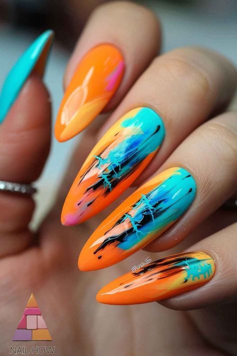 Orange Nail Design Ideas, Nail Designs Bright Colors, Orange Blue Nails, Blue And Orange Nails Designs, Nail Art Designs Blue, Orange And Blue Nails, Bright Neon Nails, Neon Orange Nails, Bright Nail Art