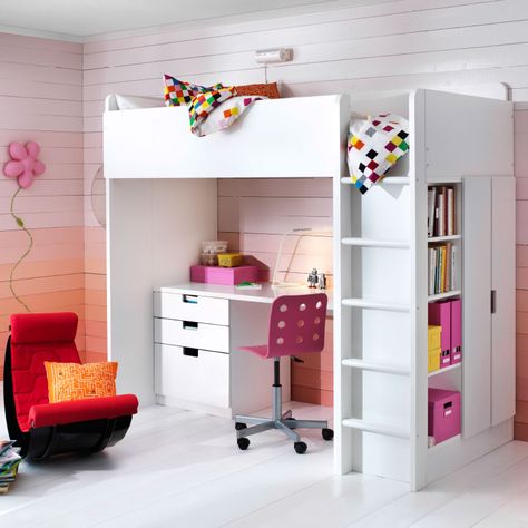 Ikea Hacks and Ideas to Transform Your Kids Room - Moms Without Answers Stuva Loft Bed, Ikea Kids Bedroom, Ikea Loft, Ikea Loft Bed, White Loft Bed, Ikea 2015, Kids Room Desk, Ikea Stuva, Ikea Kids Room