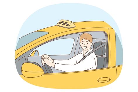 Taxi Driver Illustration, Taxi Driver Drawing, Taxi Illustration, Driver Job, Yellow Traditional, Smiling Man, Yellow Car, Car Illustration, City Car