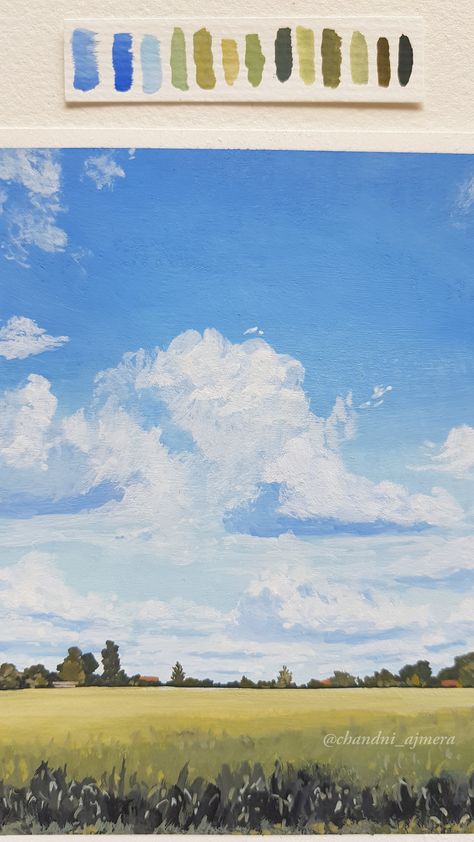 The Sky Drawings, Fluffy Cloud Painting, Sky Drawing Watercolors, Bright Sky Painting, Sunny Landscape Painting, How To Draw Trees In The Distance, Blue Skies Painting, Blue Sky Watercolor Painting, Sunny Sky Drawing