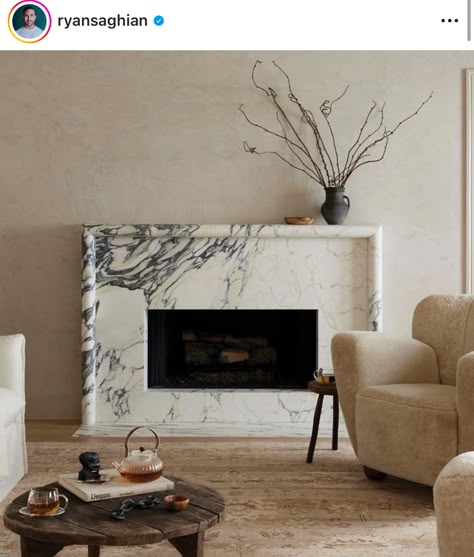 Fireplace Hearth Stone, Ryan Saghian, Floating Fireplace, Marble Fireplace Mantel, Marble Fireplace Surround, Linear Fireplace, Marble Fireplace, Hearth Room, Home Decor Idea