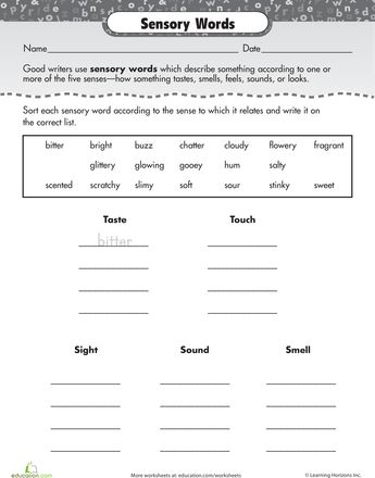 Worksheets: Writing with Adjectives: Intro to Sensory Words Sensory Language, Sensory Words, Words Worksheet, Coping Skills Activities, Adjective Worksheet, Third Grade Writing, Sensory Details, Teaching Poetry, Language Worksheets