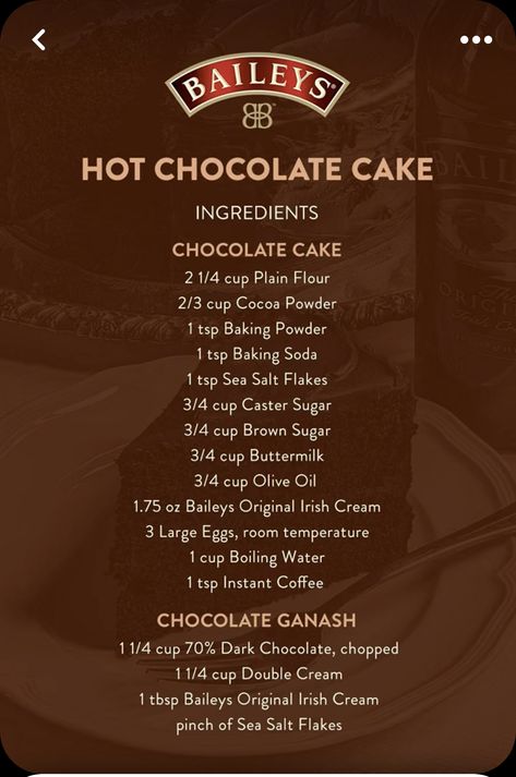 Hot Chocolate Cake Recipe, Baileys Cupcakes, Hot Chocolate Cake, Baileys Cake, Baileys Original Irish Cream, Baileys Recipes, Chocolate Liquor, Best Chocolate Cake, Baileys Irish Cream