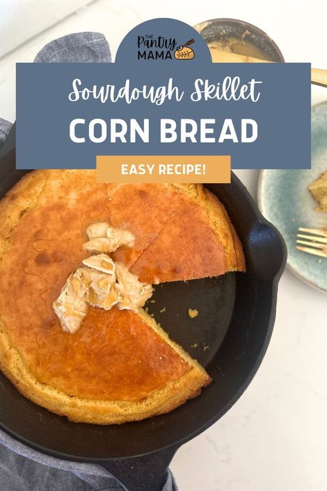 Hearty sourdough skillet cornbread baked in a cast-iron skillet. Use 200g of sourdough discard or active starter to make this easy side. Sourdough Skillet, Sourdough Cornbread Recipe, Sourdough Cornbread, Pantry Mama, Sourdough Ideas, Sourdough Breads, Skillet Corn, Corn Bread Bake, Discard Recipe