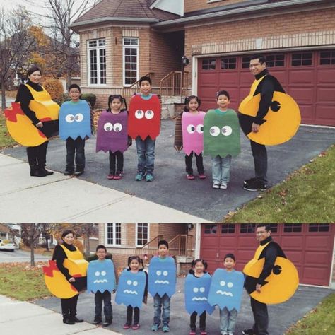 DIY Mr. and Mrs. Pacman and ghosts Mrs Pacman Costume, Pac Man Halloween Costume, Pacman Costume, Mrs Pacman, 80s Party Costumes, Recycled Costumes, Diy Cosplay, Ghost Costume, Party Costumes