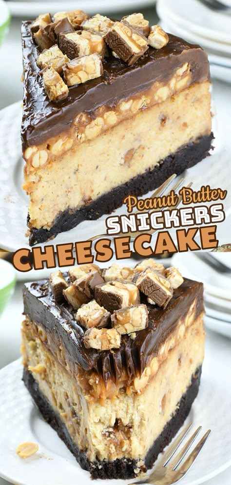 Peanut Butter Cheesecake loaded with Snickers candy bars baked on a brownie crust topped with caramel and peanuts, finished with a thick layer of milk chocolate ganache is an impressive dessert recipe for any party. via @https://www.pinterest.com/omgchocodessets/ Peanut Butter Snickers, Brownie Crust, Brownie Vegan, Snickers Cheesecake, Fudgy Brownie Recipe, Gooey Caramel, Impressive Desserts, Fudgy Brownie, Chocolate And Peanut Butter