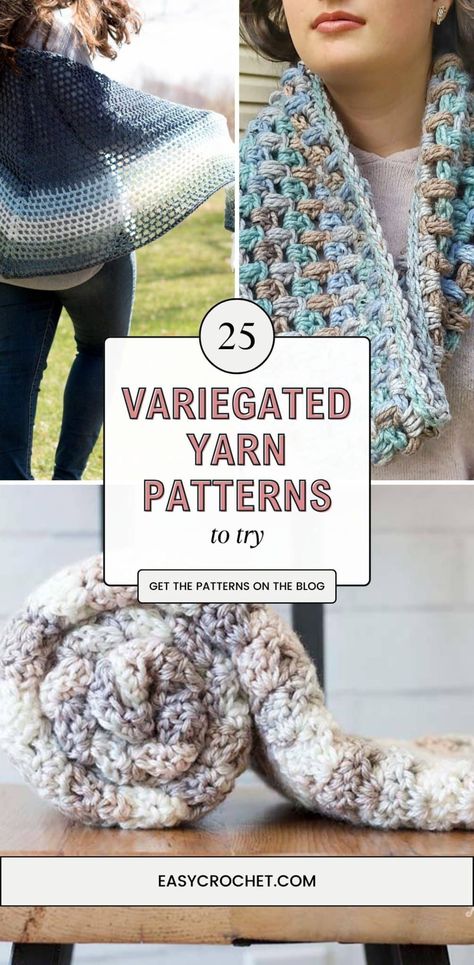 The 25 Best Variegated Yarn Crochet Patterns - Easy Crochet Patterns Variegated Yarn Crochet Patterns, Variegated Yarn Crochet, Crochet Slouchy Beanie Pattern, Chunky Yarn Crochet Pattern, Crochet Patterns Easy, Crochet Ear Warmer Pattern, Crochet Infinity Scarf Pattern, Chunky Crochet Blanket Pattern, Crochet Wrap Pattern