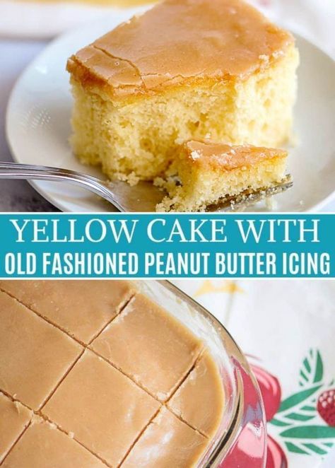 Yellow Cake with Old Fashioned Peanut Butter Icing - Southern Plate Chewy Cake Recipe, Yellow Cake Mix Recipes, Peanut Butter Icing, Southern Plate, Butter Icing, Royal Icing Recipe, Peanut Butter Cake, Peanut Butter Frosting, Homemade Cake Recipes