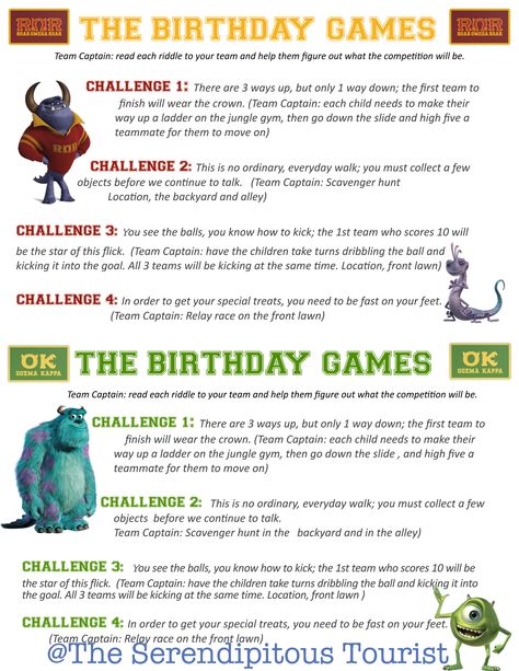 Monsters University Birthday Games (Scare Games) challenge cards.  #theserendipitoustourist Scare Games Monsters University, Monsters Inc Games, Monsters University Birthday Party Ideas, Monsters Inc 1st Birthday, Monster University Birthday, Monster University Party, Monsters Inc Party, Monster Inc Birthday, Cousin Camp