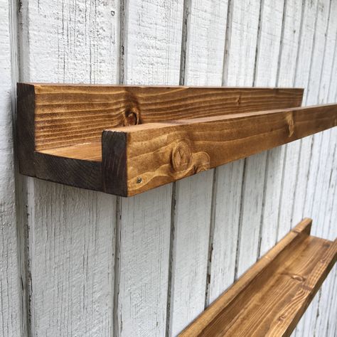 "This floating ledge shelf works great in several different ways. It is narrow shelf so it fits great in a hallway without taking up walking space. Several shelves can be mounted in a group across a large blank wall to add dimension. They also work well in small spaces in your kitchen or living room for holding spices or pictures. The Details ~4\" wide ~2.5\" tall ~2.5\" usable shelf width ~Lengths vary based on your selection. 12\", 24\", 36\", 48\". ~The shelf has been sanded but the are still Wall Shelf Diy, Large Blank Wall, Kitchen Wall Shelf, Shelf Hallway, Floating Wood Shelf, Ledge Wall, Shelf Length, Shelves Bedroom, Handmade Shelf