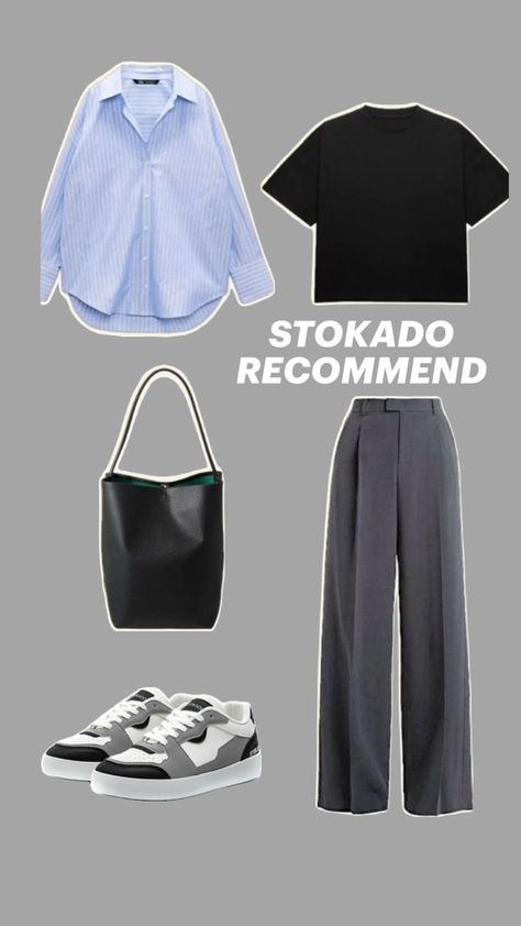 Minimalist Casual Style Choose a light blue Oxford shirt paired with grey dress pants and wear black white leather sneakers. This combination keeps it simple and sharp while adding a modern, casual touch, perfect for daily commutes or casual dates. Outfit Recommendations, Blue Oxford Shirt, Summer Fresh, Fresh Outfits, White Leather Sneakers, Grey Dress Pants, Grey Dress, Casual Date, Oxford Shirt