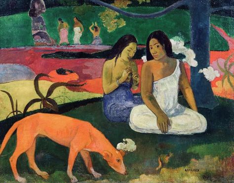 "Arearea" is a famous painting by the French post-Impressionist artist Paul Gauguin, created in 1892 during his first stay in Tahiti. The title "Arearea" translates to "joyfulness" in Tahitian, and the painting beautifully encapsulates this theme with vibrant colors and dynamic composition. The artwork features two Tahitian women and a small dog in the foreground, set against a lush backdrop of tropical vegetation. One of the women is seated and appears to be playing a musical instrument, wh... Decorative Canvas, Francisco Goya, Impressionist Artists, Camille Pissarro, Marc Chagall, Henri Rousseau, Paul Gauguin, Red Dog, Bathroom Decoration